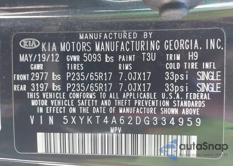 2013 Kia Sorento Lx из США, поврежденный, VIN 5XYKT4A62DG334959